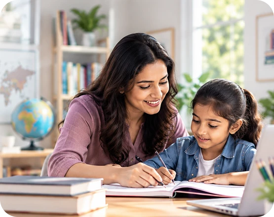 A tutor smiling as she helps a young girl with her schoolwork at a desk